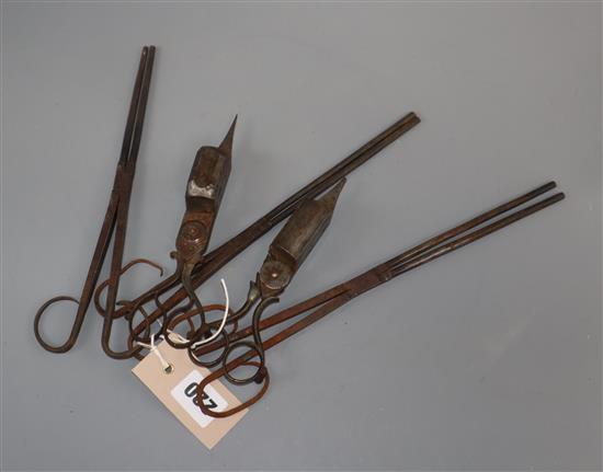 Three ember tongs and two pairs of snuffers